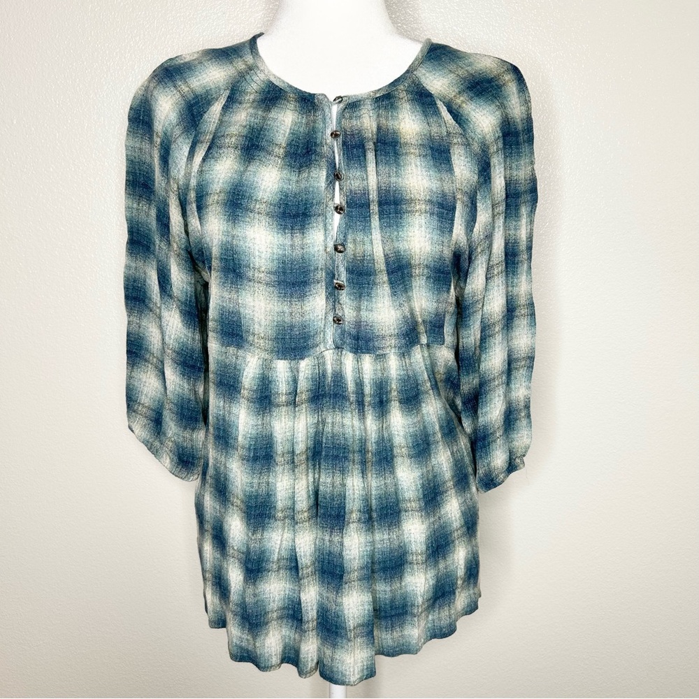 MAEVE Anthropologie Womens Cavalon Teal Plaid Buttoned Smocked Tunic Top Size S